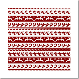 Dark Christmas Candy Apple Red Nordic Reindeer Stripe in White Posters and Art